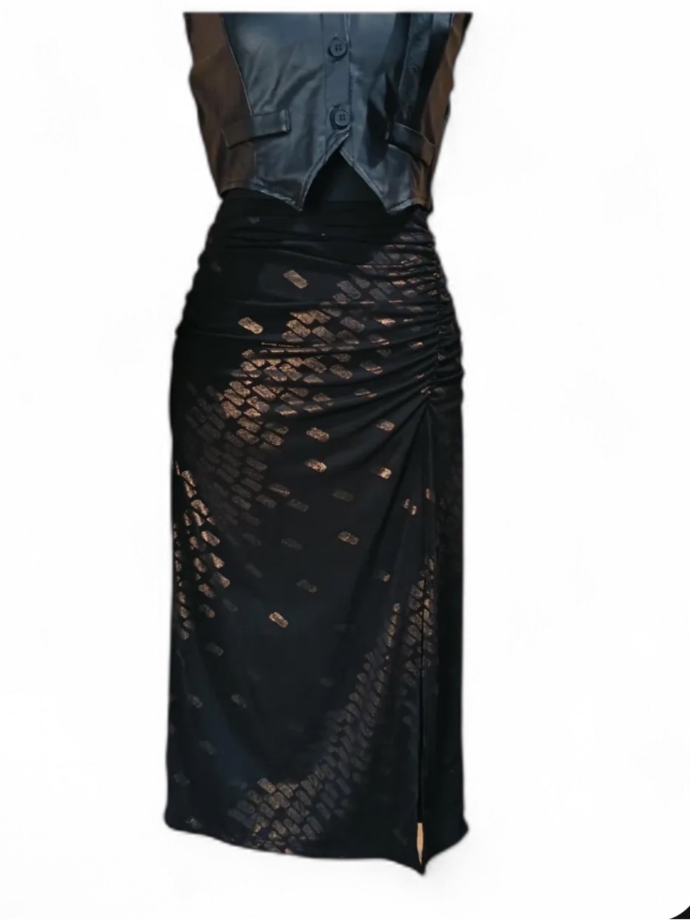 White House Black Market black ruched midi skirt w bronze metallic print. S.